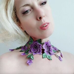 Wild Rose choker - 3D lace costume embroidered necklace - purple floral